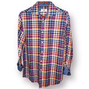 Southern Pines Plaid Button Up Shirt Chambray Trim Blue Pink M